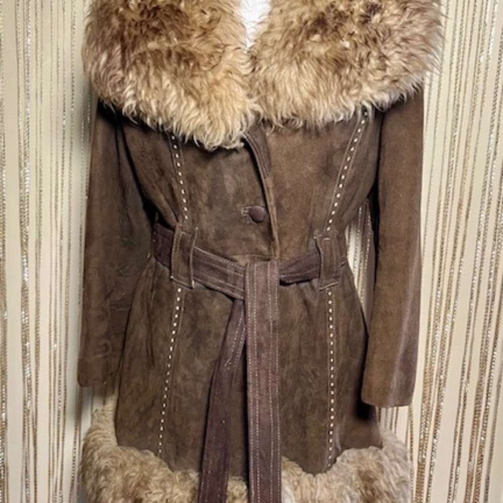 Vintage Brown Suede Leather Coat with Fur Trim